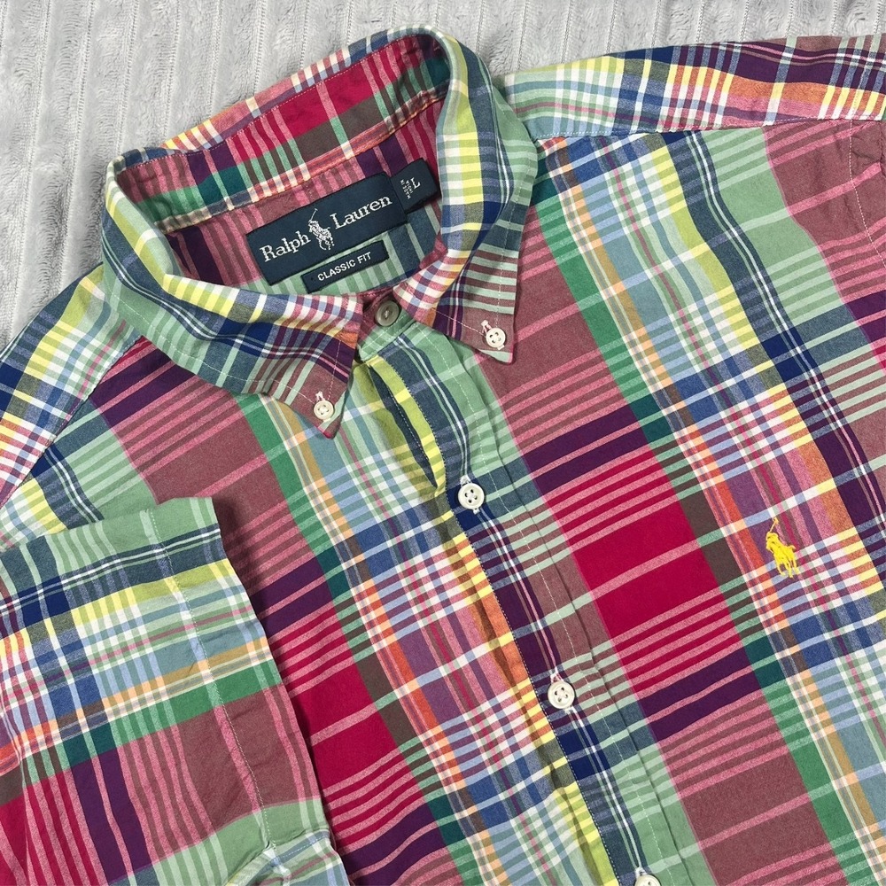 Ralph Lauren Classic Fit Button Down Shirt Men's L Colorful Plaid Preppy Spring